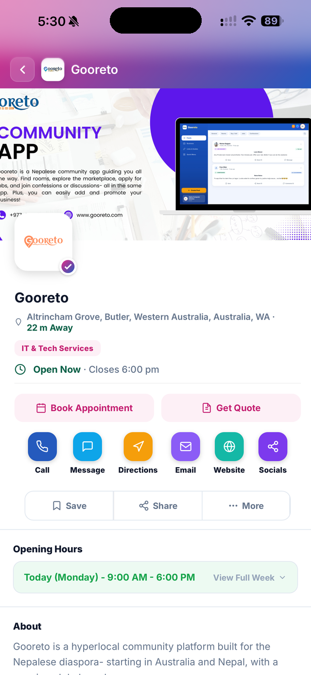 Gooreto - business profile with hours, actions and about