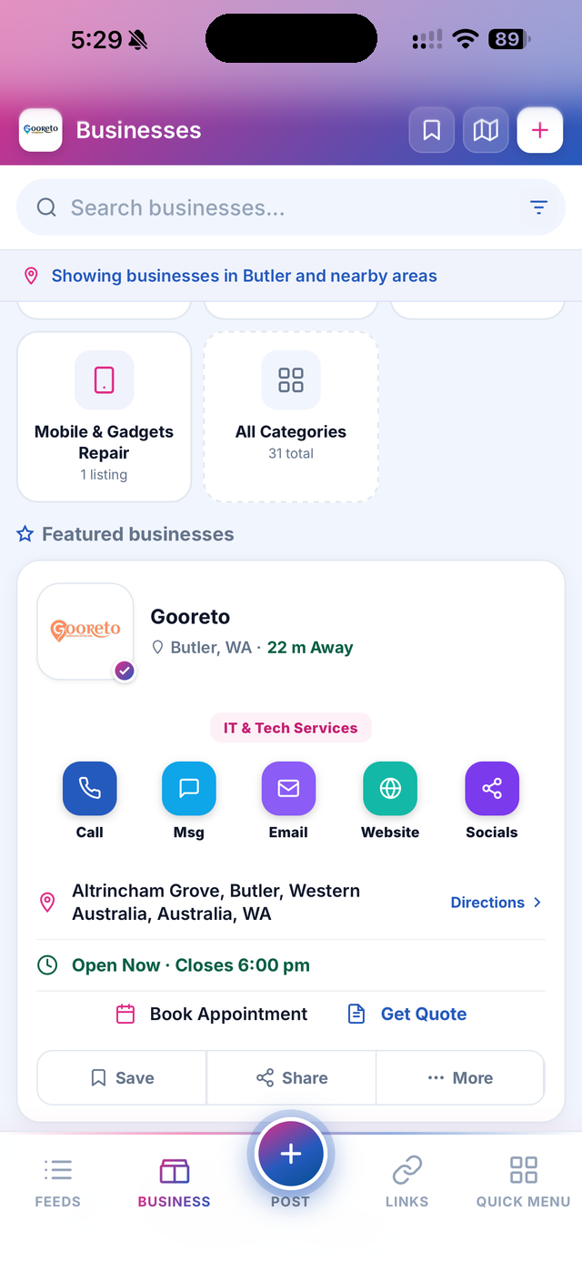 Gooreto - business card with call, message, directions and quote