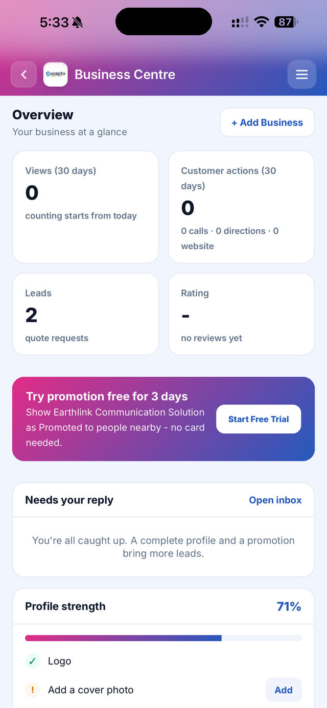 Gooreto Business Centre - views, leads, reviews and profile strength at a glance