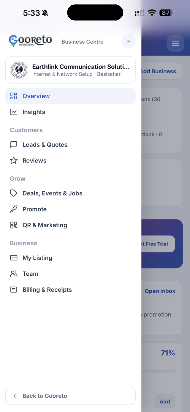 Gooreto Business Centre menu - insights, leads, reviews, deals, promote, QR, team and billing