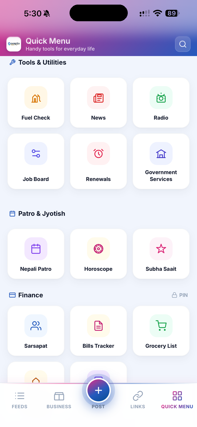 Gooreto Quick Menu - Patro, tools and finance