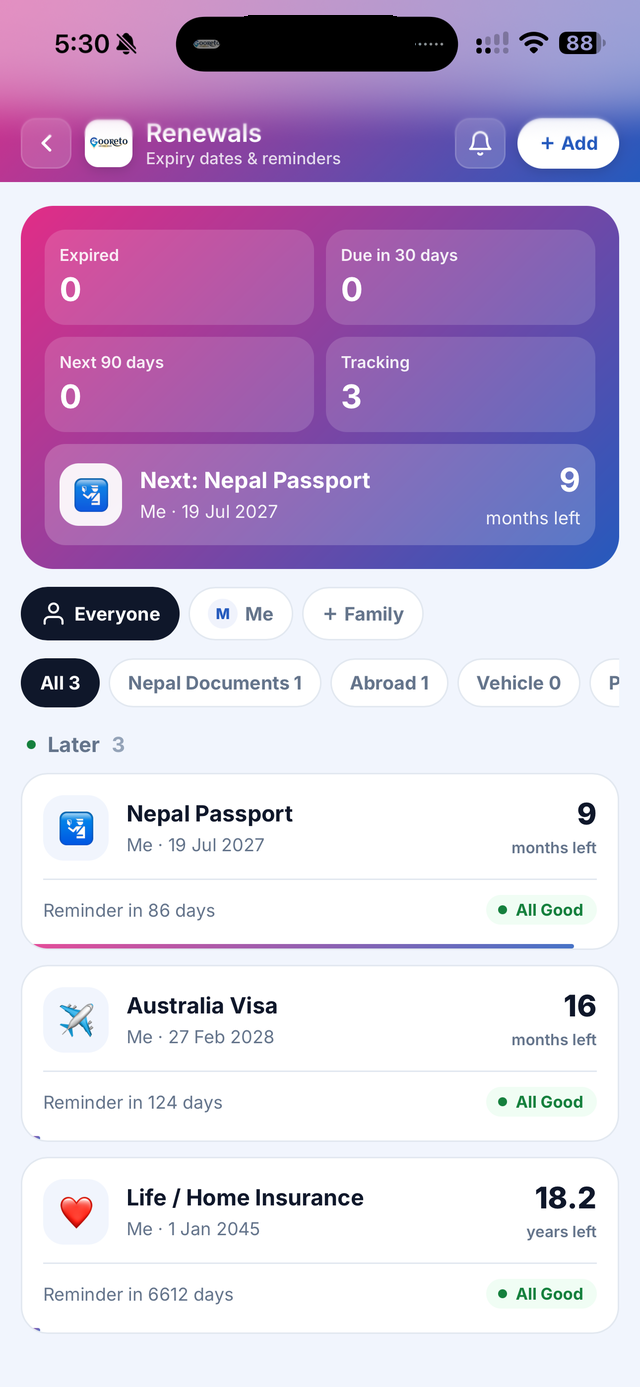 Renewals - visa, passport and document reminders